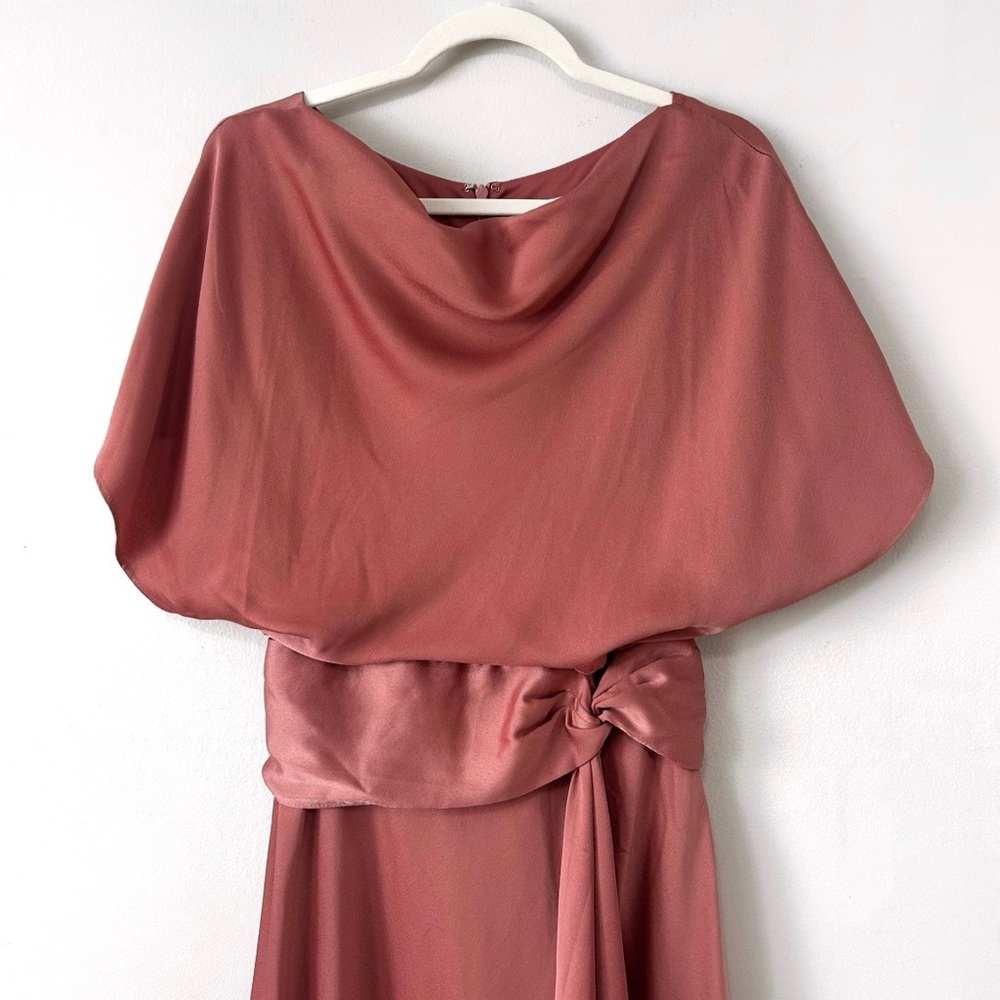 BHLDN Olmstead Midi Dress Silky Faux Wrap Drape Matte Rosette Bridesmaid Wedding - Picture 4 of 11